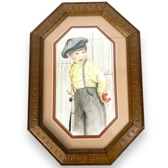 Kathleen Casey 1980s Framed Pictures Boy Girl‎ Hexagon 2 PC Vintage Decor A18G - Picture 2 of 12